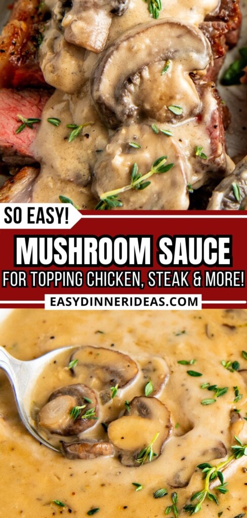 Mushroom sauce for steak in a skillet and drizzled over a sliced steak on a plate.