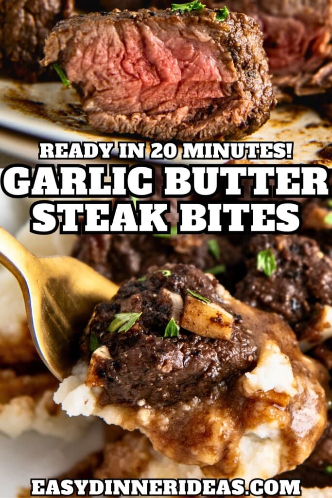 Garlic butter steak bites being scooped onto a spoon with mashed potatoes and a steak bite cut in half to show the red inside.