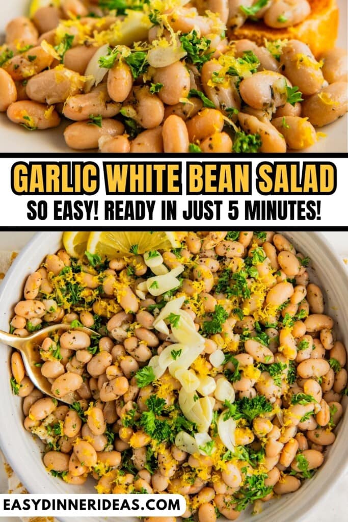 A large serving bowl filled with white bean salad with a serving spoon scooping out a spoonful.