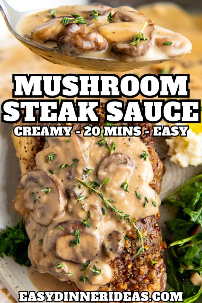 Mushroom steak sauce in a skillet with a spoon scooping some up and the creamy mushroom sauce served over a steak on a plate.