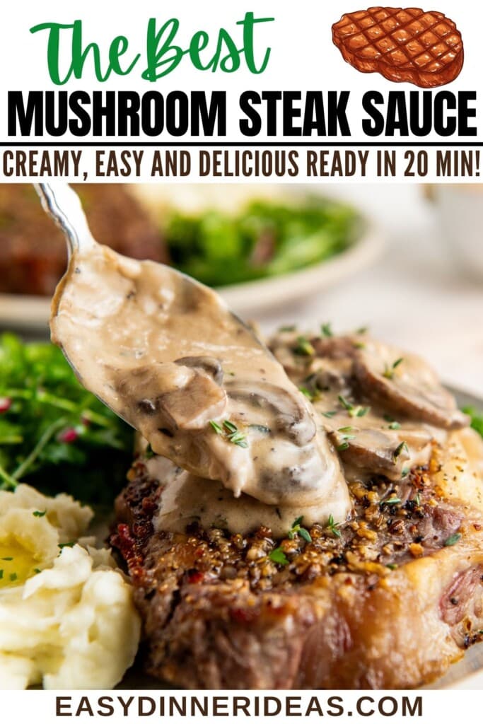A spoon drizzling mushroom sauce over a steak.