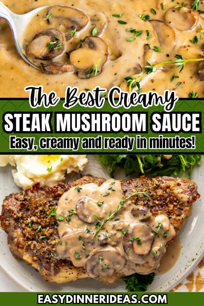 A creamy mushroom sauce in a skillet with a serving spoon and served over a steak with fresh herbs on top.