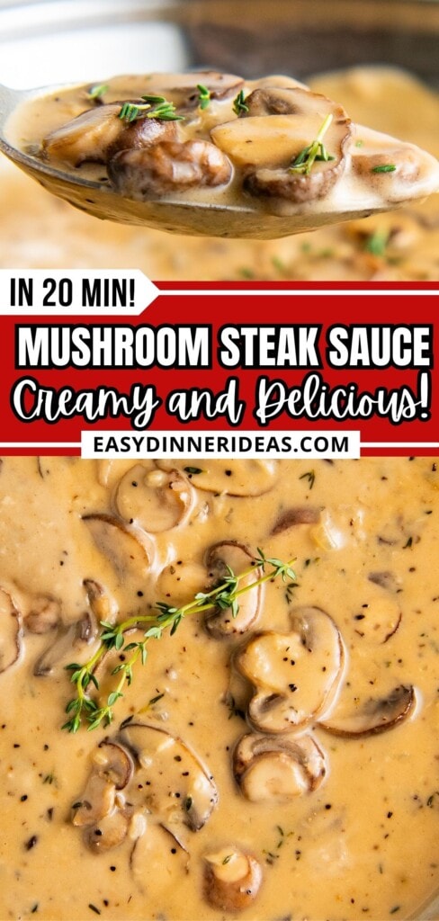 A spoon scooping creamy mushroom sauce out of a skillet.