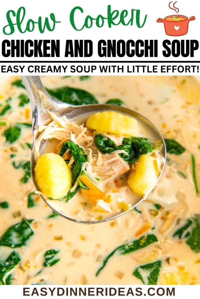 Crockpot Chicken and Gnocchi Soup in a slow cooker with a ladle scooping out a serving.