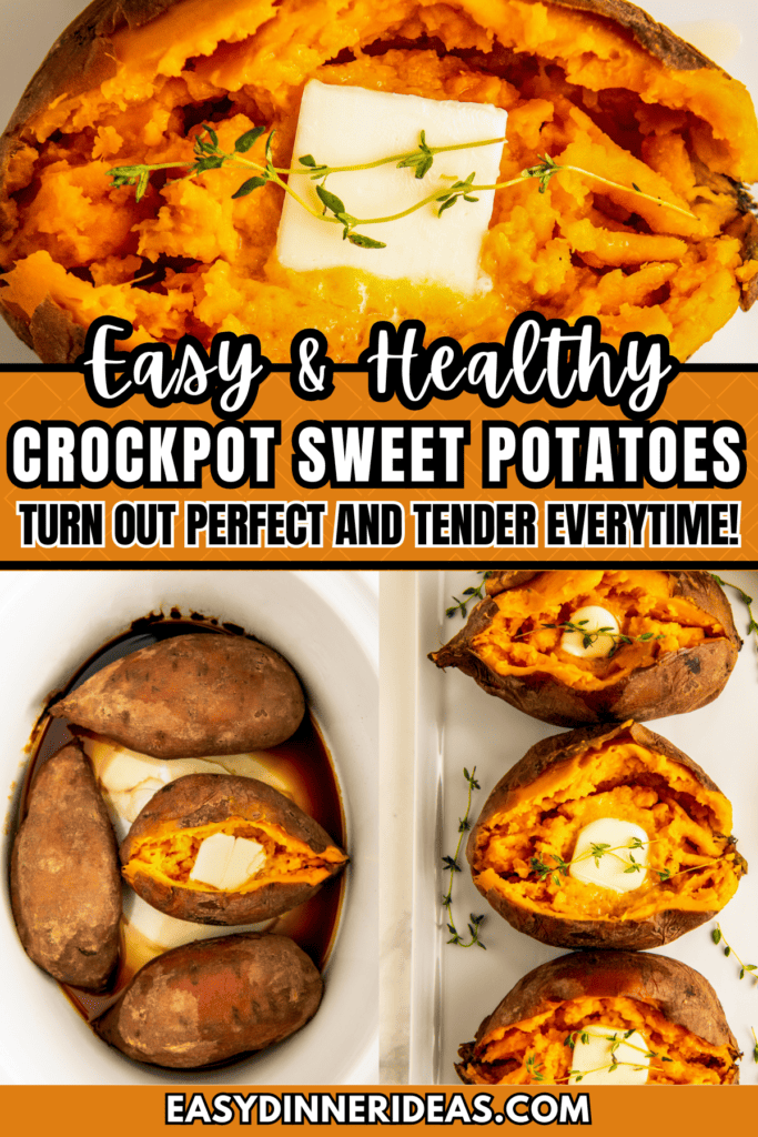 Sweet potatoes in a crockpot, cooked, sliced open and stuffed with butter.