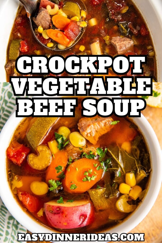 Crockpot Vegetable Beef Soup with a ladle scooping it out of a slow cooker and a serving in a bowl.