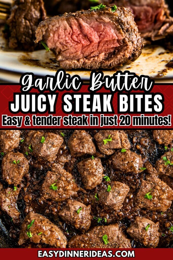 Garlic butter steak bites in a cast iron skillet with one steak bite cut in half to show the perfectly cooked inside.