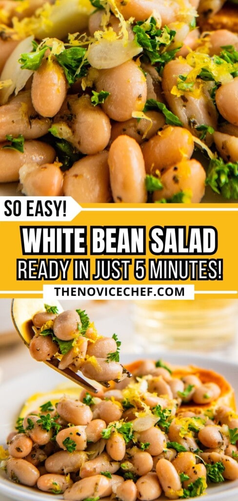 A bowl and plate filled with easy white bean salad with lemon zest and fresh garlic.