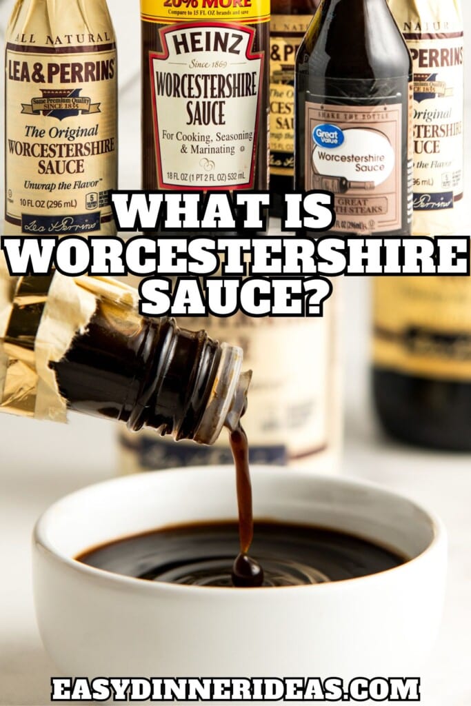 Different brands of Worcestershire sauce arranged on a marble countertop and a bottle of Worcestershire sauce being poured into a white bowl.