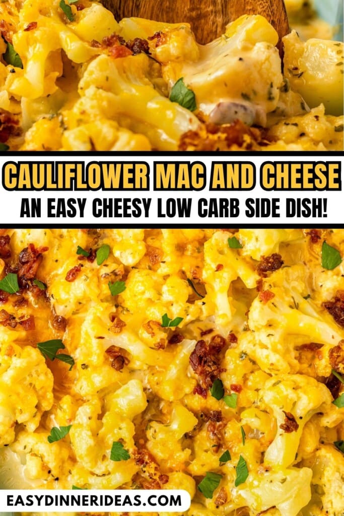 A casserole filled with baked cauliflower Mac and cheese with a serving spoon scooping out a serving.