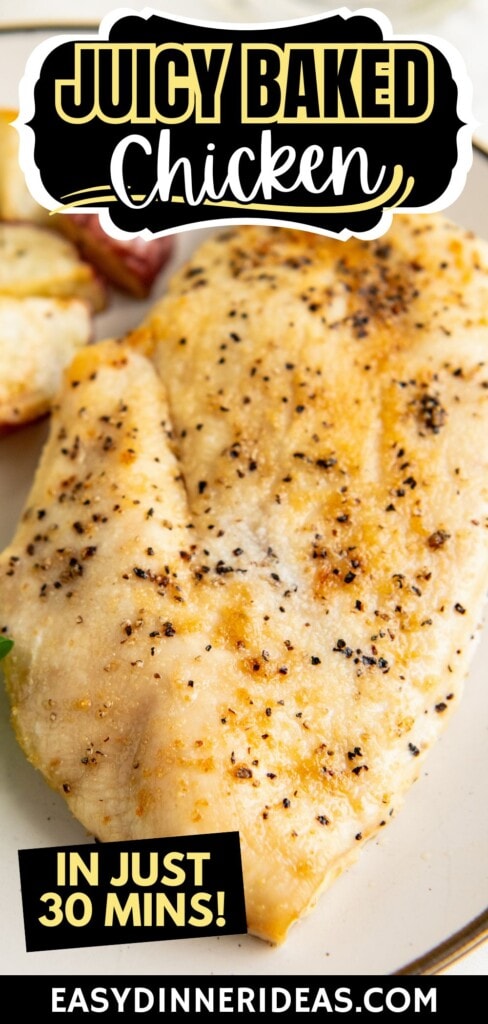 Baked chicken breast on a plate.