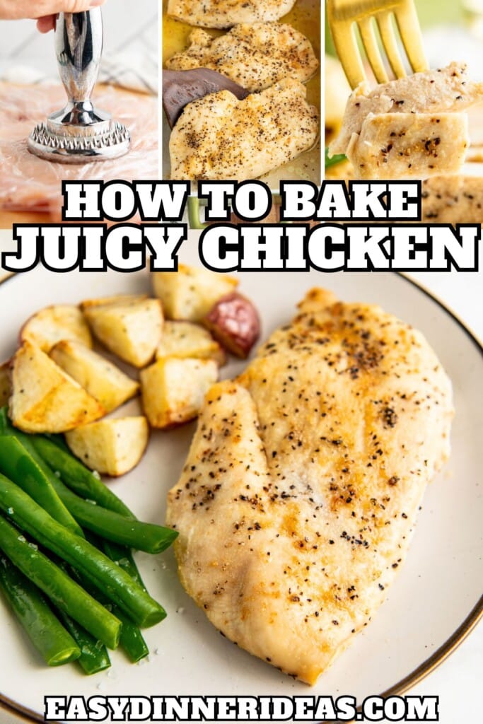 Chicken being tenderized, baked in a casserole dish and served on a plate with a fork taking a bite.