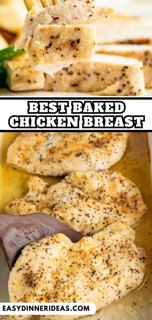 Juicy oven baked chicken breasts in a baking dish and a fork taking a bite off a plate.