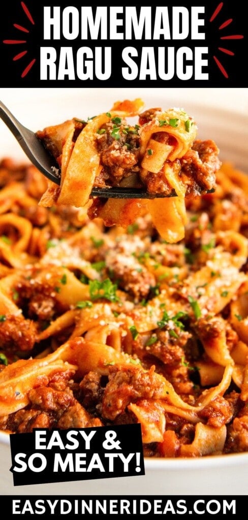 A fork taking a bite of beef ragu spaghetti sauce out of a bowl of pasta.