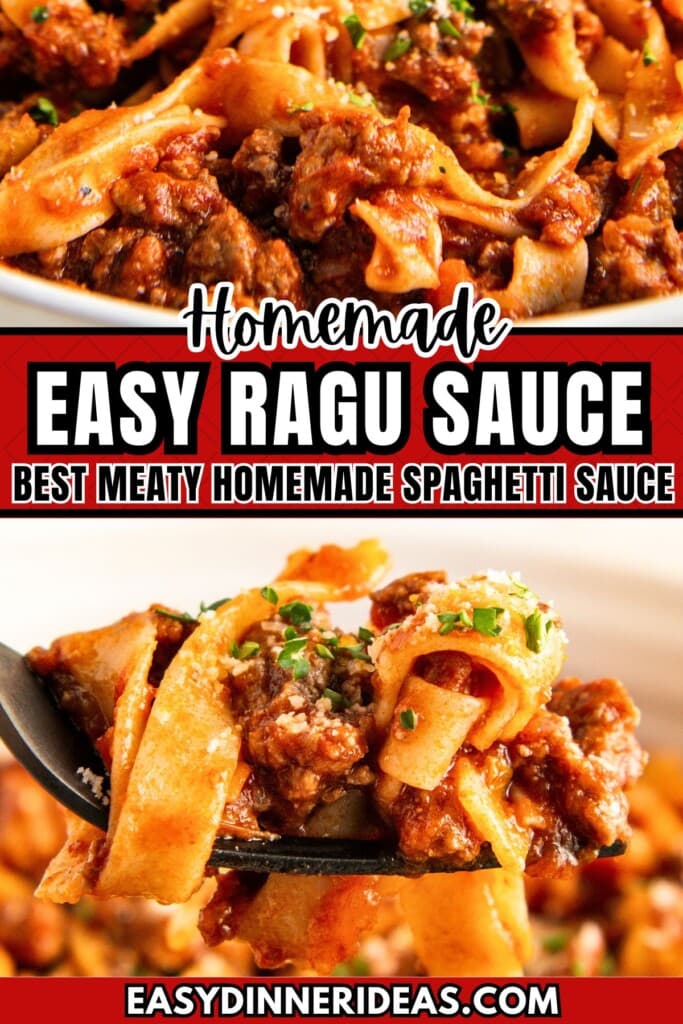 A bowl of ragu sauce served over pasta with a fork taking a bite.