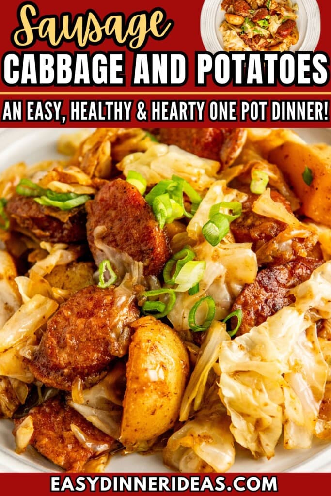 Cabbage, Potatoes and Sausage on a plate topped with sliced green onions.