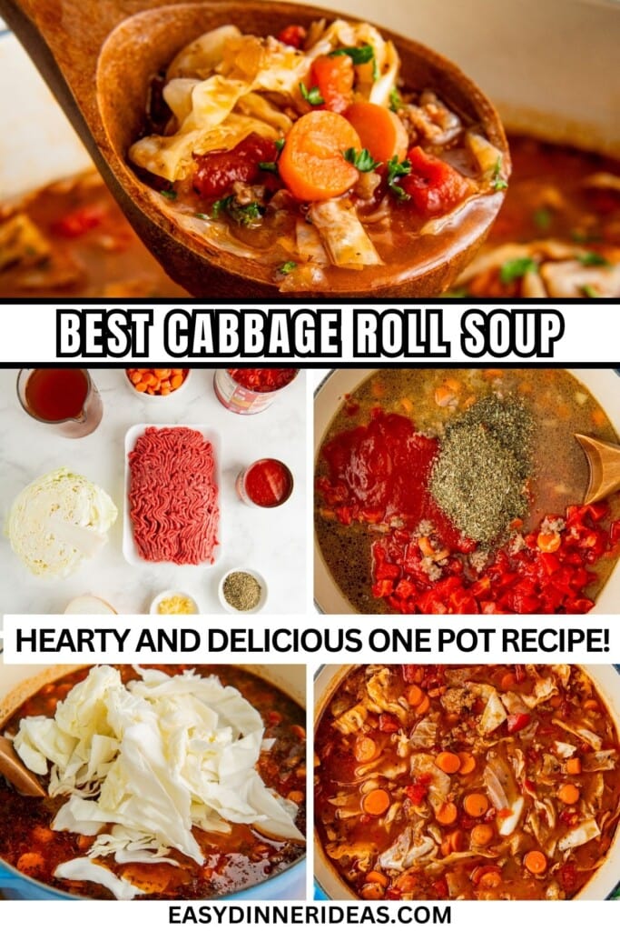 Ingredients for cabbage roll soup, soup being prepared in a dutch oven and a bowl of soup with a spoon inserted in it.