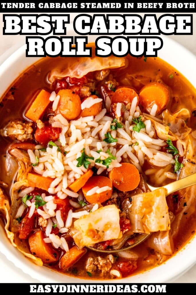 Cabbage and beef soup in a bowl with a spoon scooping up a bite.