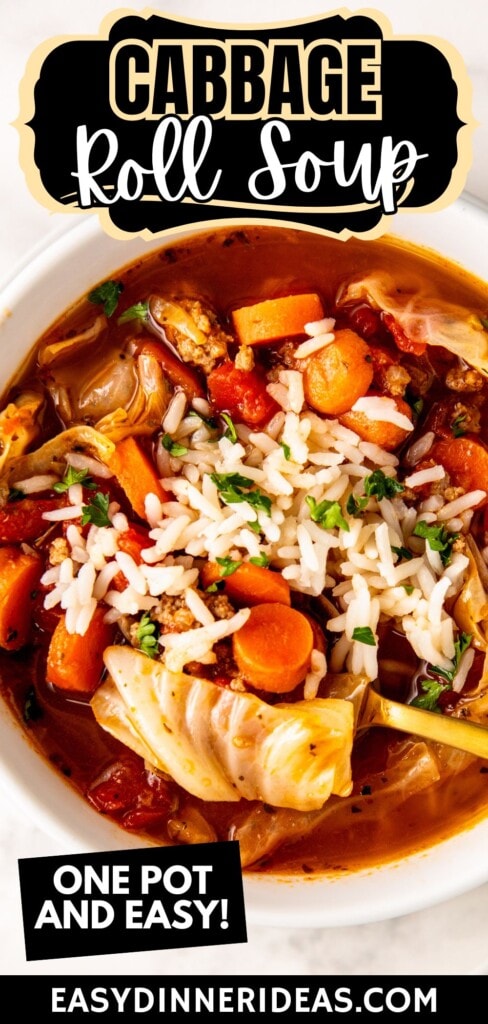 A bowl of cabbage roll soup with a spoon taking a bite.