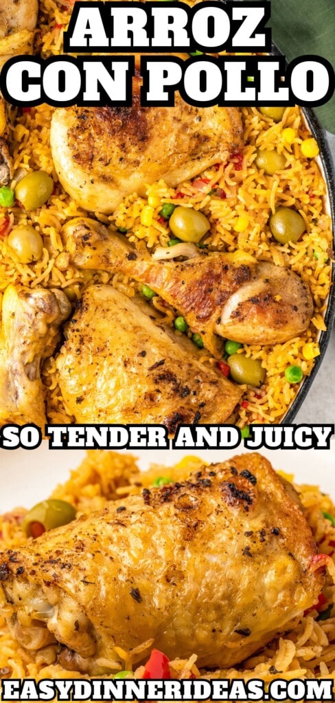Arroz con pollo in a skillet with juicy chicken nestled in yellow rice with vegetables.