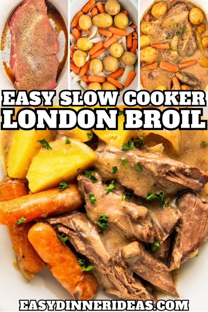 London broil in slow cooker and shredded on a plate in brown gravy with carrots and potatoes.