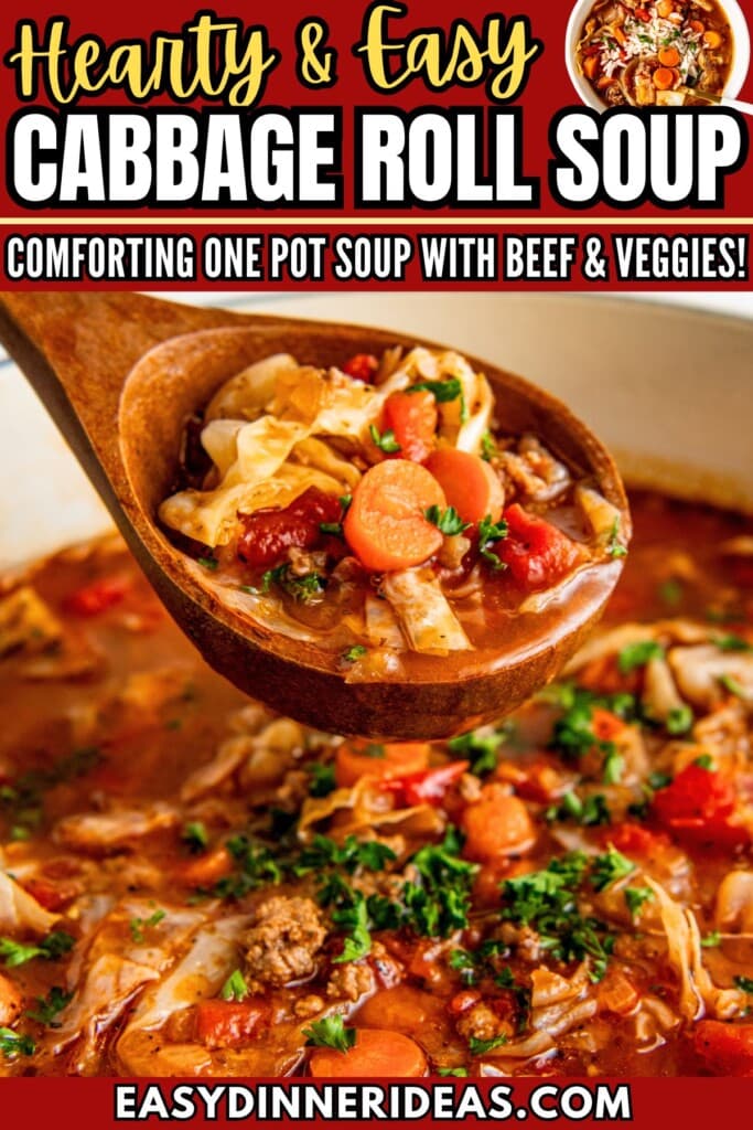 Beef and cabbage soup in a large pot with a ladle scooping out a serving of soup.