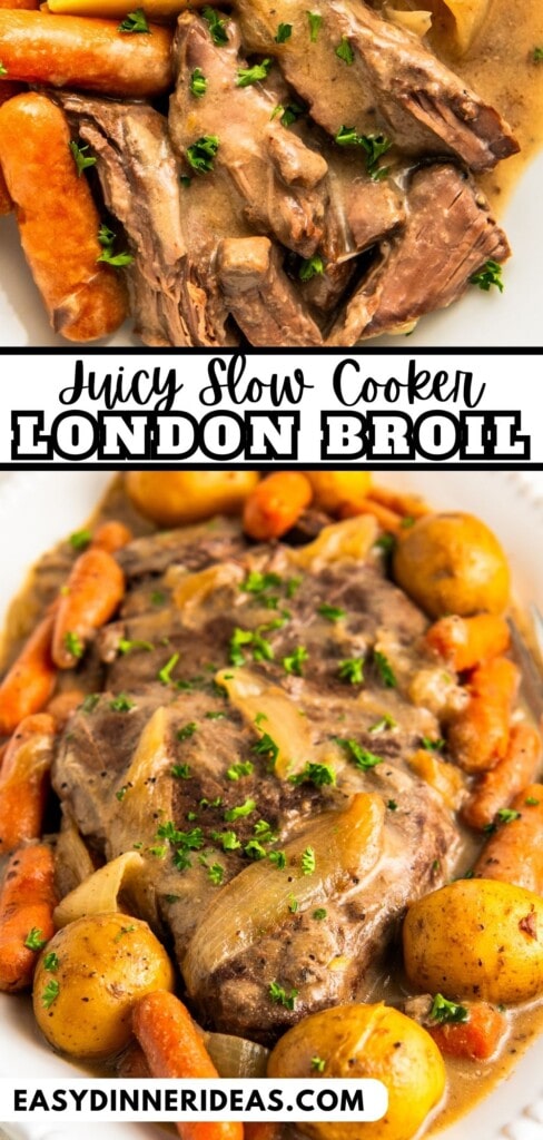 Crock pot London broil on a serving platter and cut into bite size pieces on a plate with carrots and potatoes.