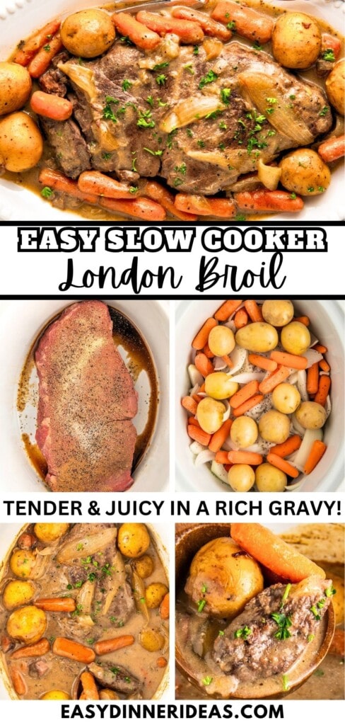 London broil in crockpot being prepared and after cooking, serving with a wooden spoon and placed on a plate with gravy and vegetables.