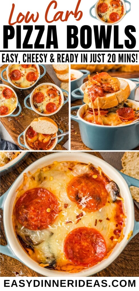 Pizza bowl with pepperoni on top and a piece of bread scooping out a bite.