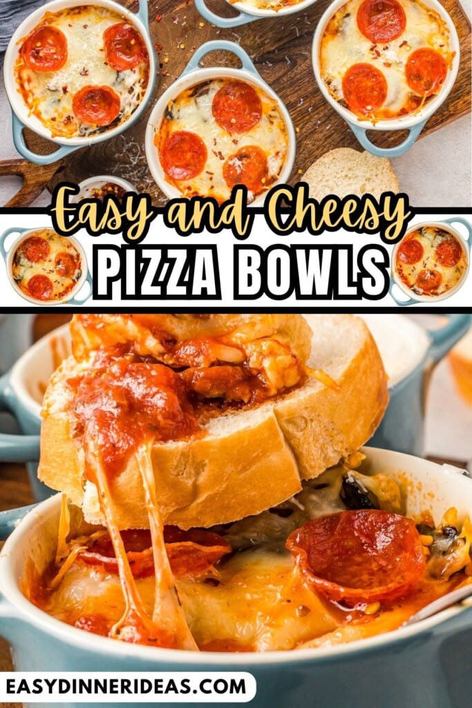 Pizza bowls with pepperoni and crushed red pepper flakes on top and a serving being scooped out with a piece of bread.