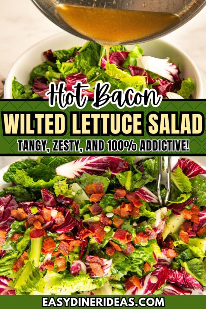 Warm bacon dressing being poured over a lettuce salad and a wilted lettuce salad with bacon on top on a serving platter.