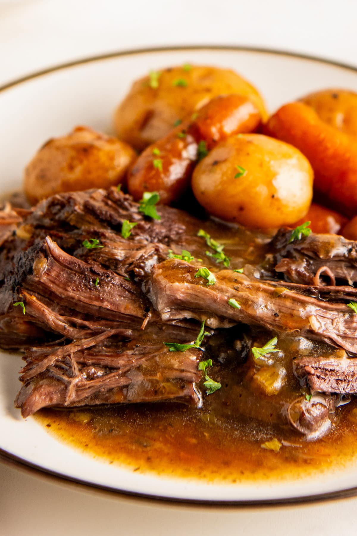 Close up of pot roast in gravy with veggies on the side.