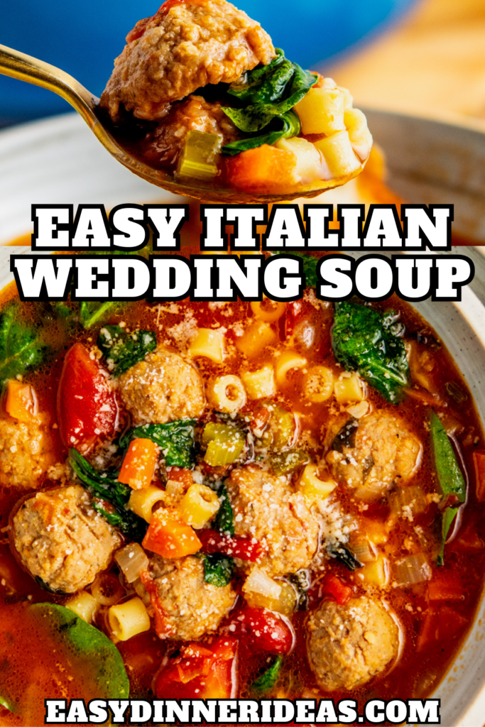 A bowl of Italian meatball soup with a spoon lifting up a bite.