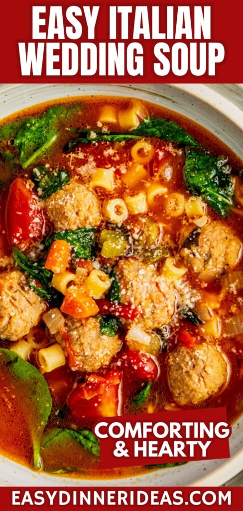 A bowl of easy Italian wedding soup topped with grated parmesan cheese.
