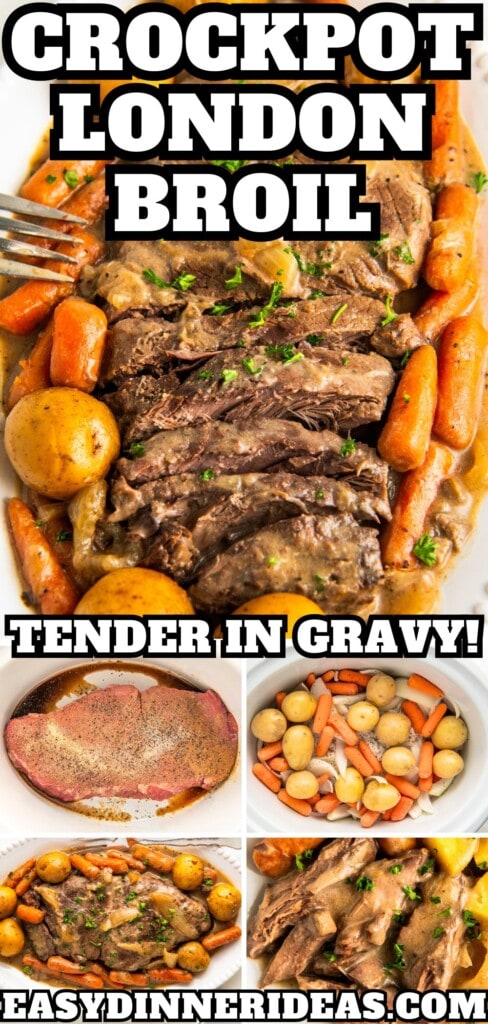 London broil in crockpot with seasonings, topped with vegetables, cooked and placed on a serving platter and served on a plate with gravy on top.