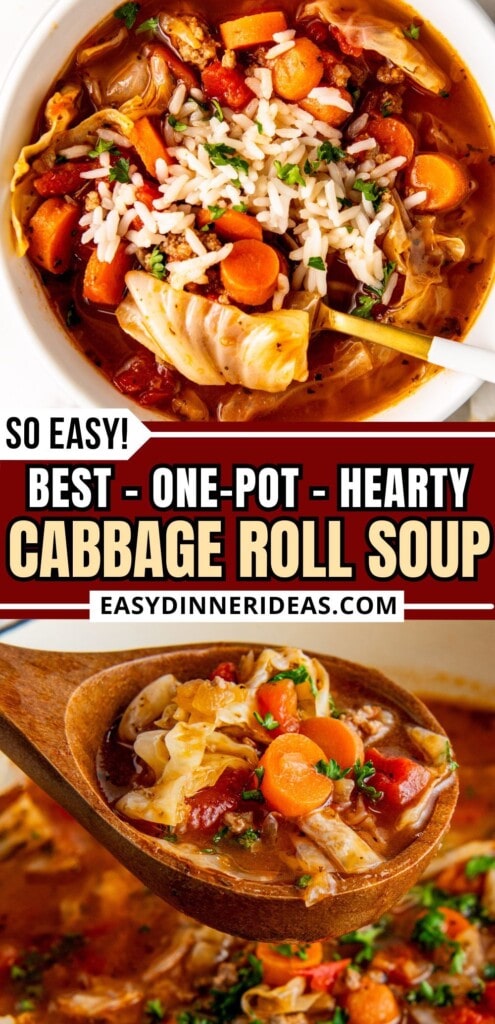 A ladle scooping up a serving of cabbage roll soup and then served in a bowl with a spoon.