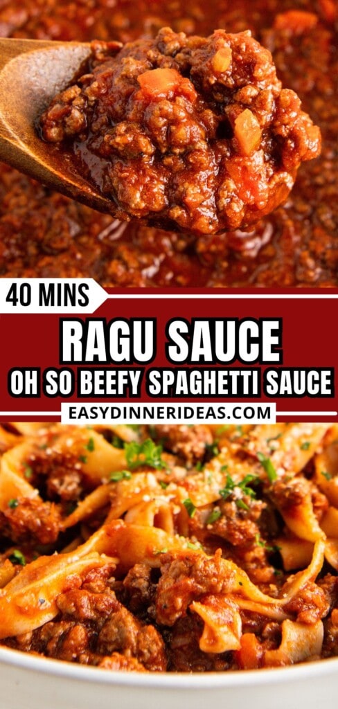 A spoonful of beef ragu spaghetti sauce from a saucepan and the spaghetti sauce being served over tender pasta.