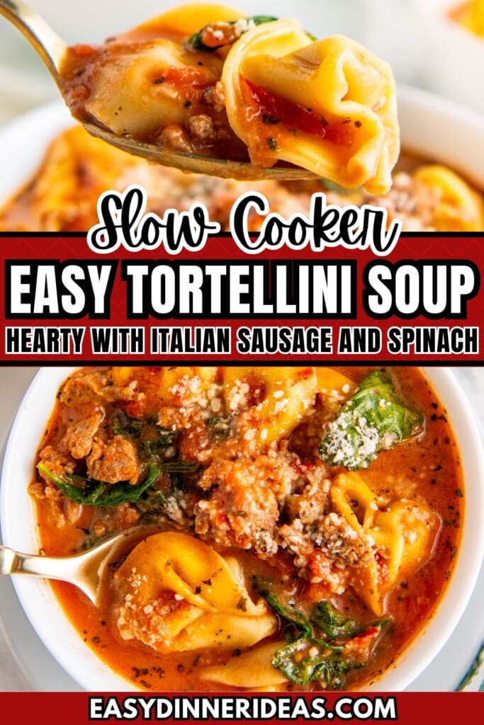 A bowl of crockpot sausage tortellini soup with a spoon lifting up a bite.