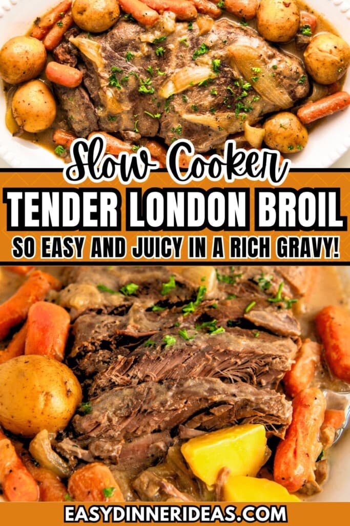 A serving platter filled with slow cooker London broil cooked and then shredded with gravy and vegetables.