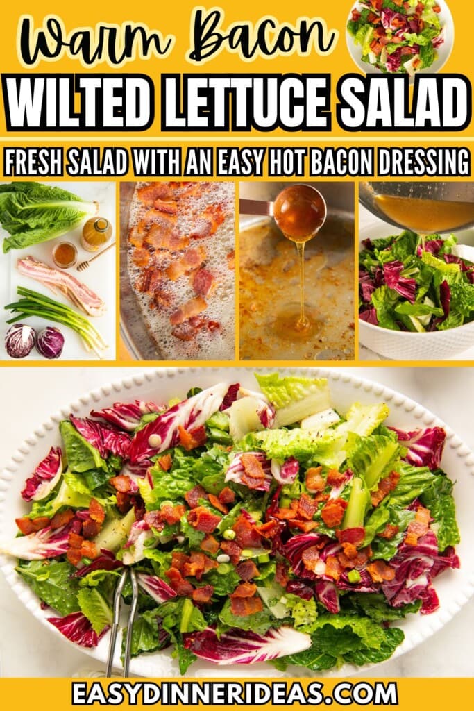 Ingredients for wilted lettuce salad, fried bacon, honey being added to a skillet and warm bacon dressing being poured over a wilted lettuce salad.