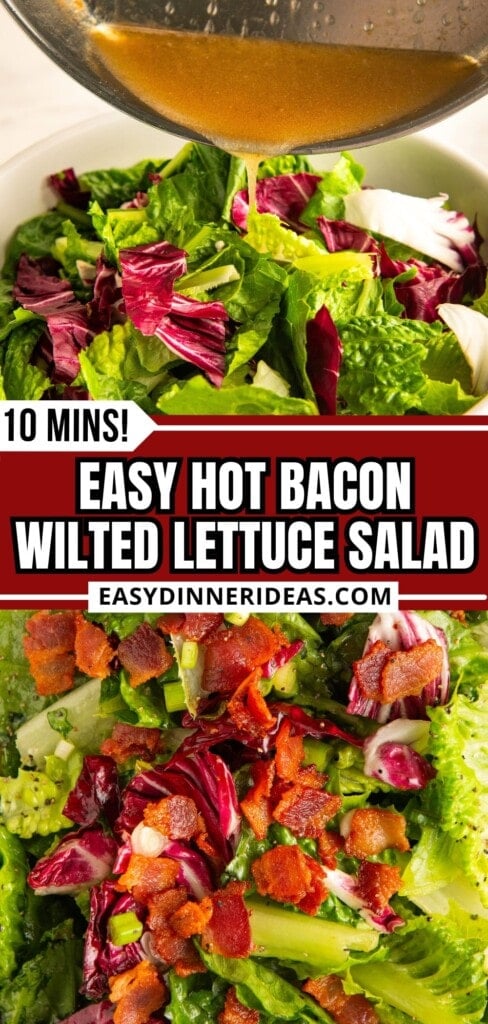 Warm bacon dressing being poured over lettuce and chopped bacon on top of wilted lettuce salad.