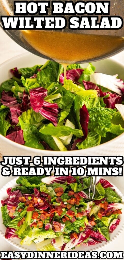 Warm bacon dressing being poured over a bowl of lettuce and wilted lettuce salad topped with bacon and dressing on a serving platter.