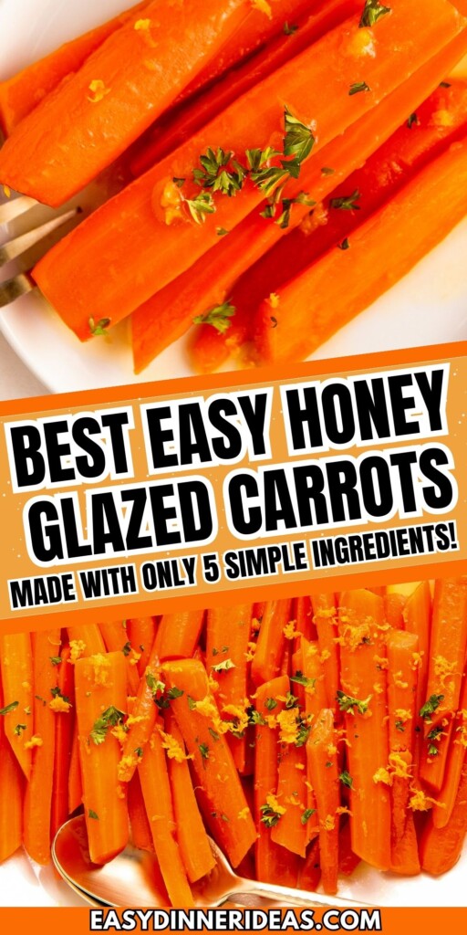 Glazed carrots on a platter with two serving spoons.