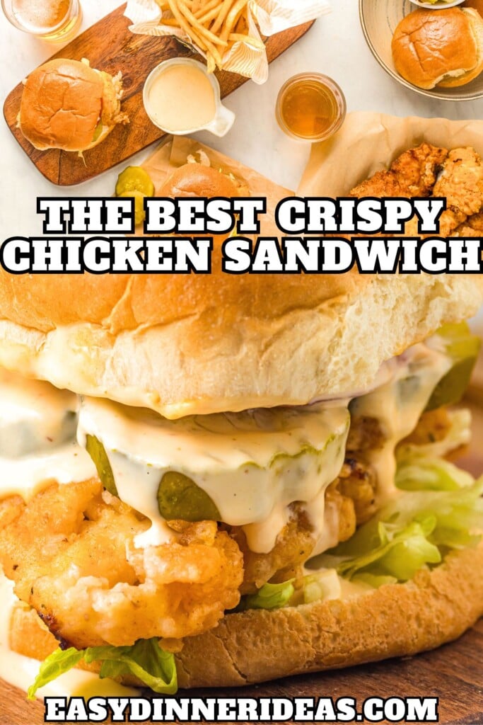 Crispy chicken sandwiches with fries and a fried chicken sandwich on a toasted bun with a creamy and spicy sauce.