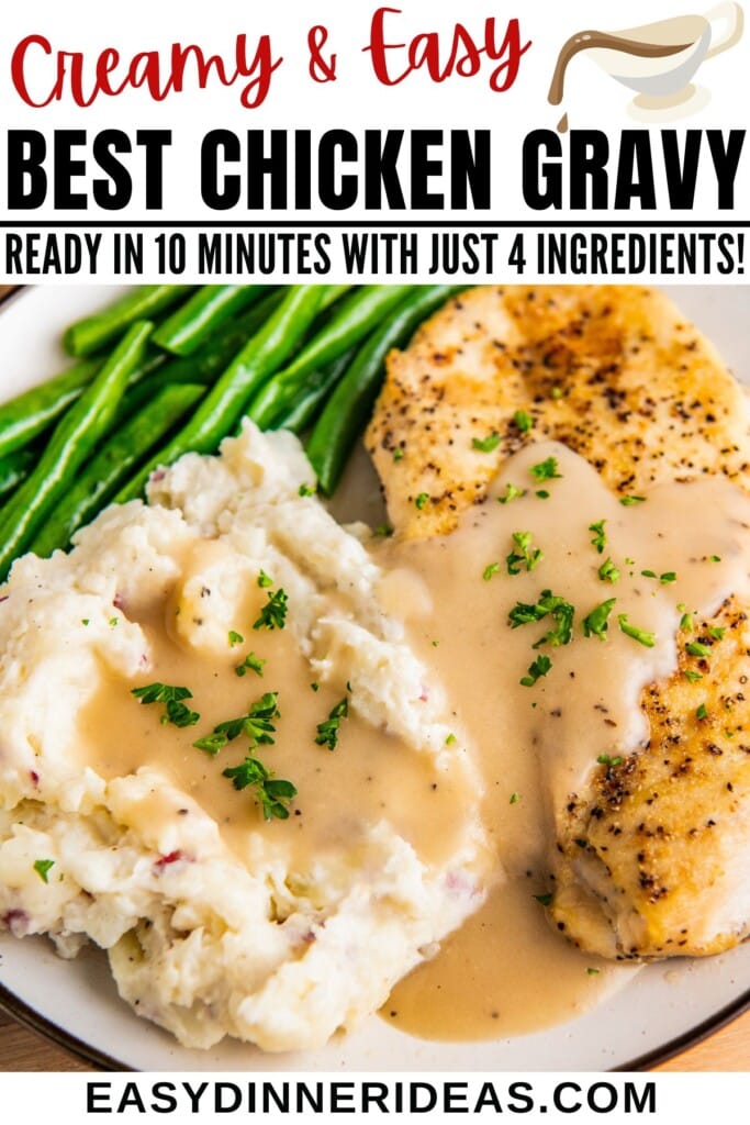 Chicken and mashed potatoes covered in a creamy chicken gravy topped with fresh herbs.