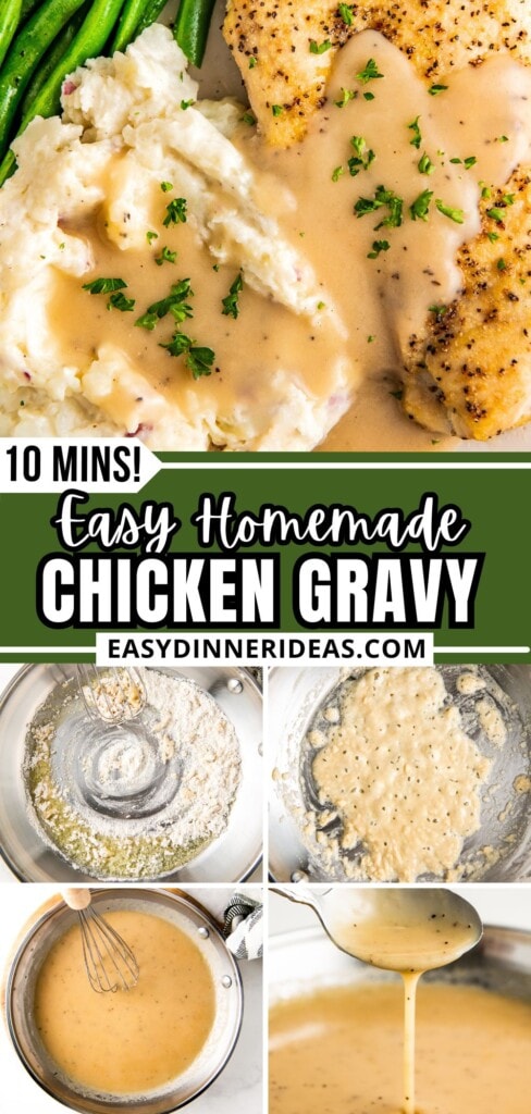 Homemade chicken gravy being prepared in a skillet and served over chicken and mashed potatoes.