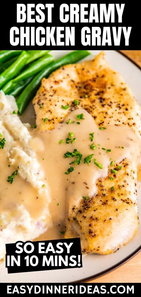 Chicken gravy poured over chicken and mashed potatoes.