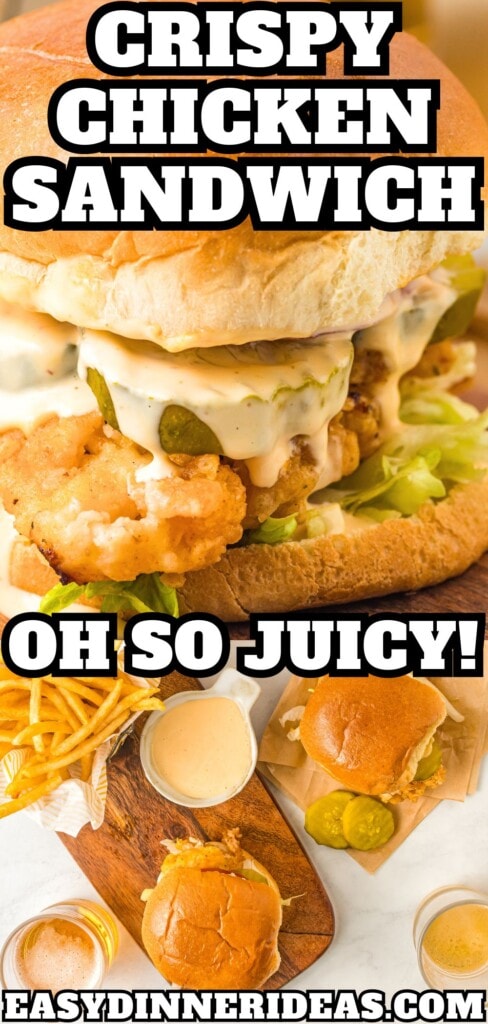 Crispy chicken sandwich with fried chicken, pickles and a spicy sauce served on a toasted bun.