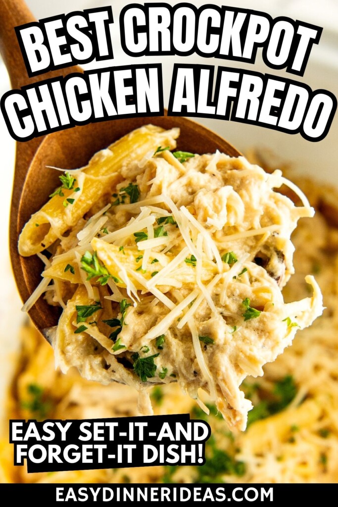 A wooden spoon scooping out a serving of creamy crockpot chicken alfredo.