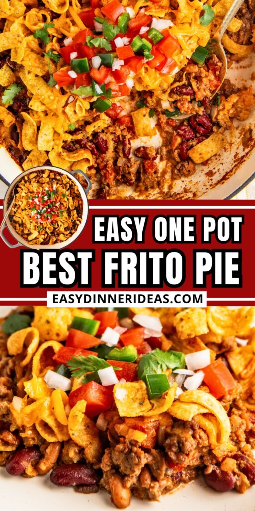Frito chili pie in a skillet with a spoon scooping out servings and a serving of Frito pie on a plate.